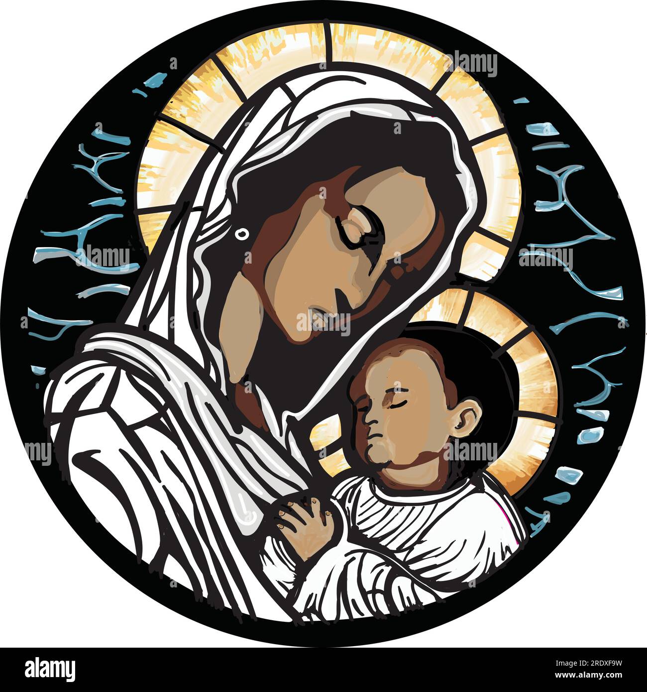 Virgin Mary and sleeping baby Jesus, stained glass round window ...