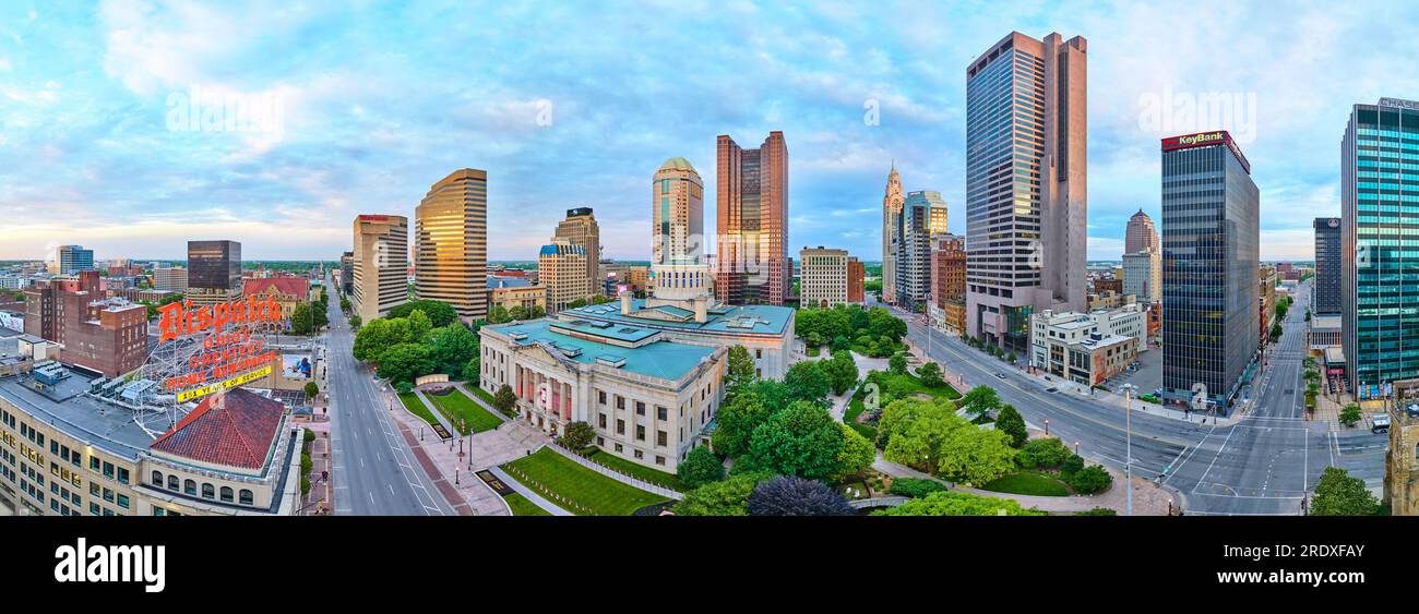 Panorama aerial wide shot of the heart of downtown Columbus Ohio Stock