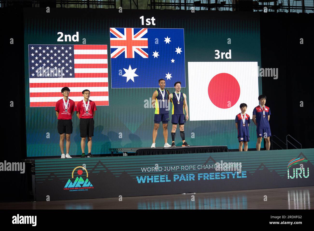 World Jump Rope Championship Finals, Colorado Springs, Colorado, USA. 23rd July, 2023. Men's wheel pair freestyle competition. Podium from L-R, USA in second, Australia team of Boon and Cooper in first, and Japan in third place. Credit: Casey B. Gibson/Alamy Live News Stock Photo