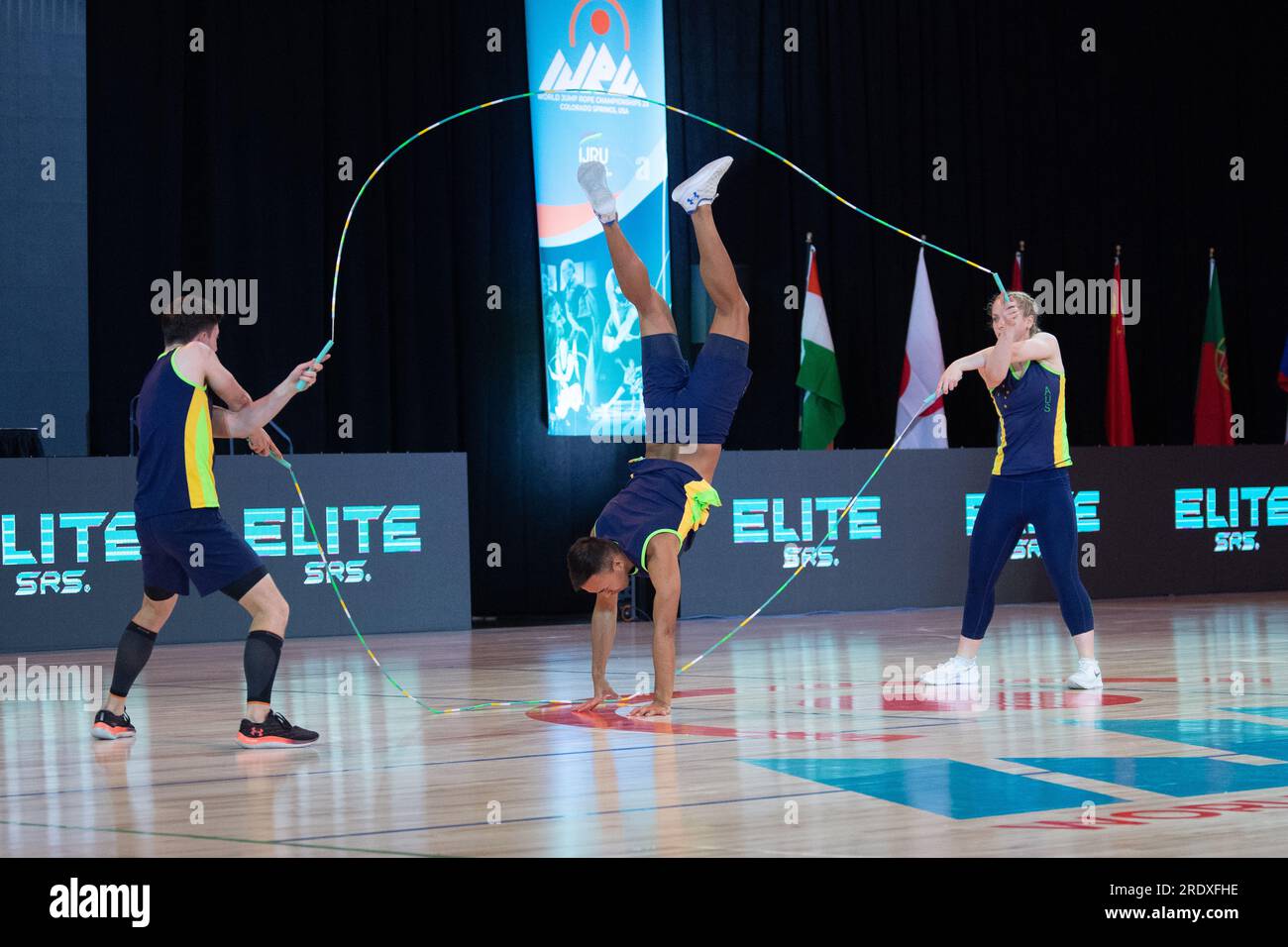 World Jump Rope Championship Finals, Colorado Springs, Colorado, USA. 23rd July, 2023. Double Dutch Single freestyle, Gold medal team from Australia, Luke Boon, Ben Cooper and Belinda Charlesworth Credit: Casey B. Gibson/Alamy Live News Stock Photo