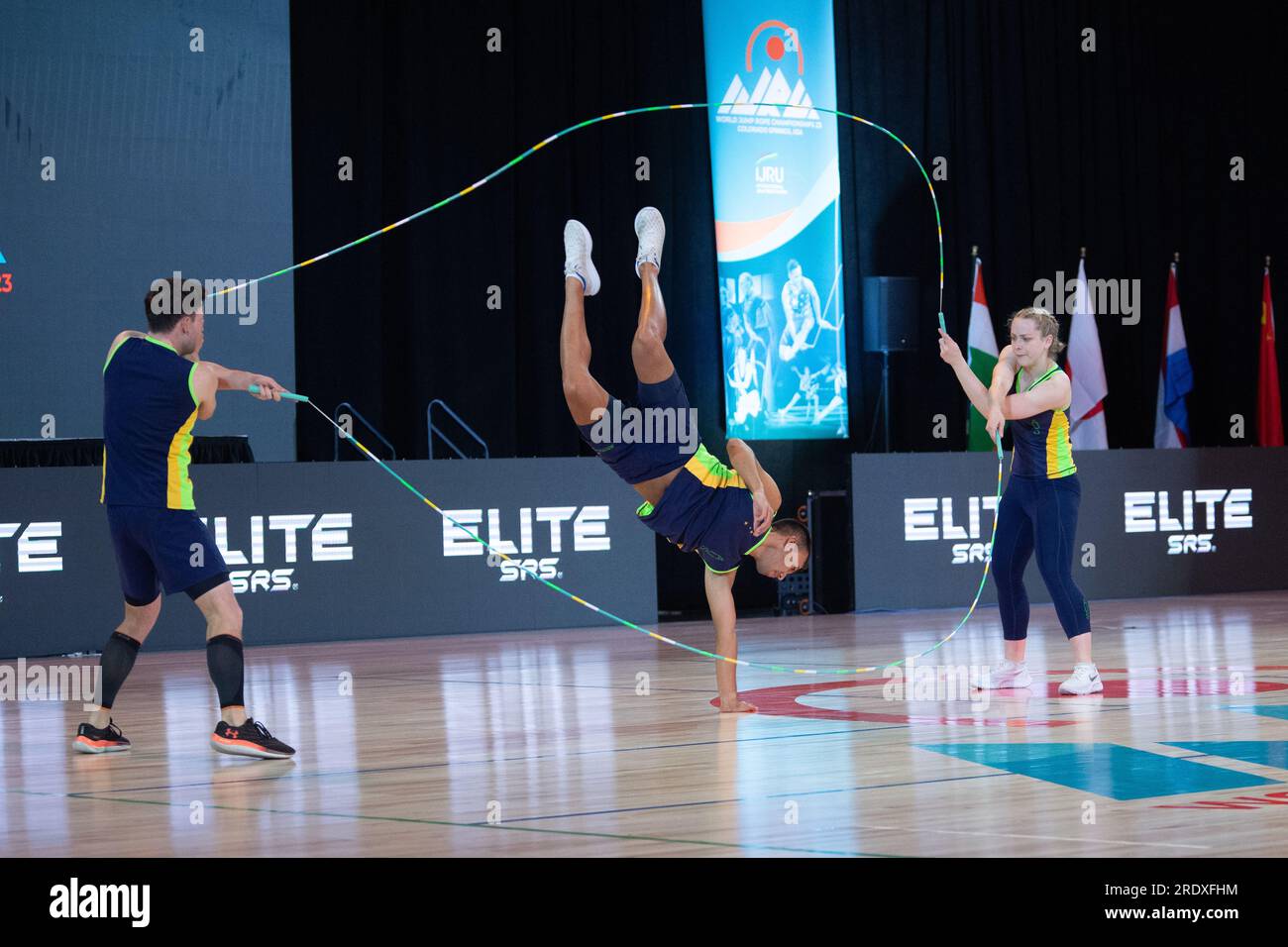 World Jump Rope Championship Finals, Colorado Springs, Colorado, USA. 23rd July, 2023. Double Dutch Single freestyle, Gold medal team from Australia, Luke Boon, Ben Cooper and Belinda Charlesworth Credit: Casey B. Gibson/Alamy Live News Stock Photo