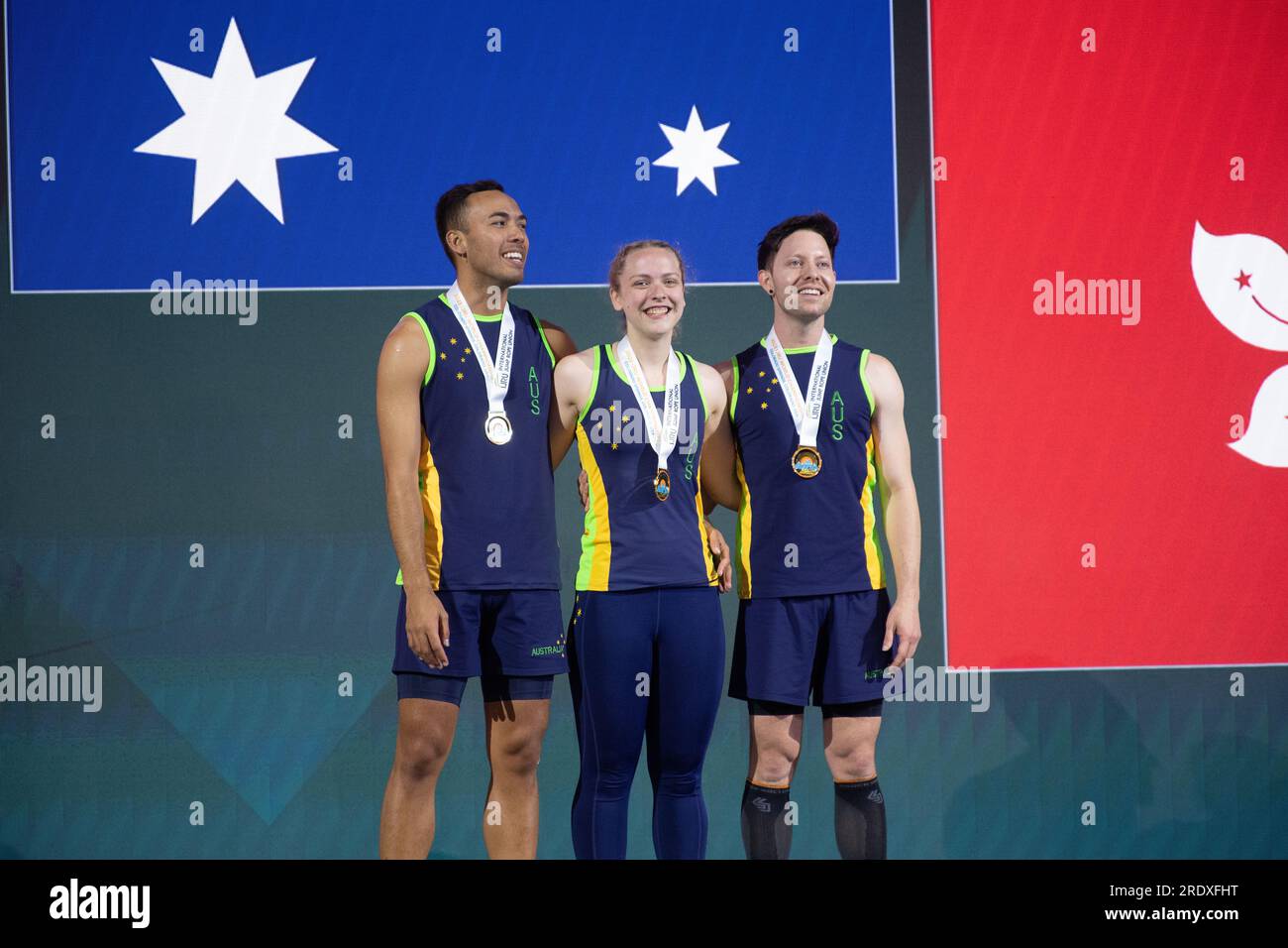 World Jump Rope Championship Finals, Colorado Springs, Colorado, USA. 23rd July, 2023. Double Dutch Single freestyle gold medalists Luke Boon, Belinda Charlesworth and Ben Cooper from Australia Credit: Casey B. Gibson/Alamy Live News Stock Photo