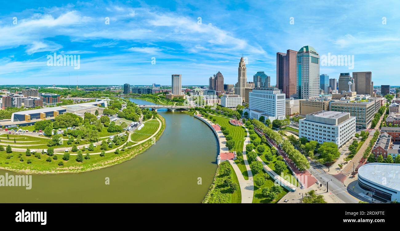 Blue skies in summer over downtown Columbus Ohio aerial with both sides of river panorama Stock Photo