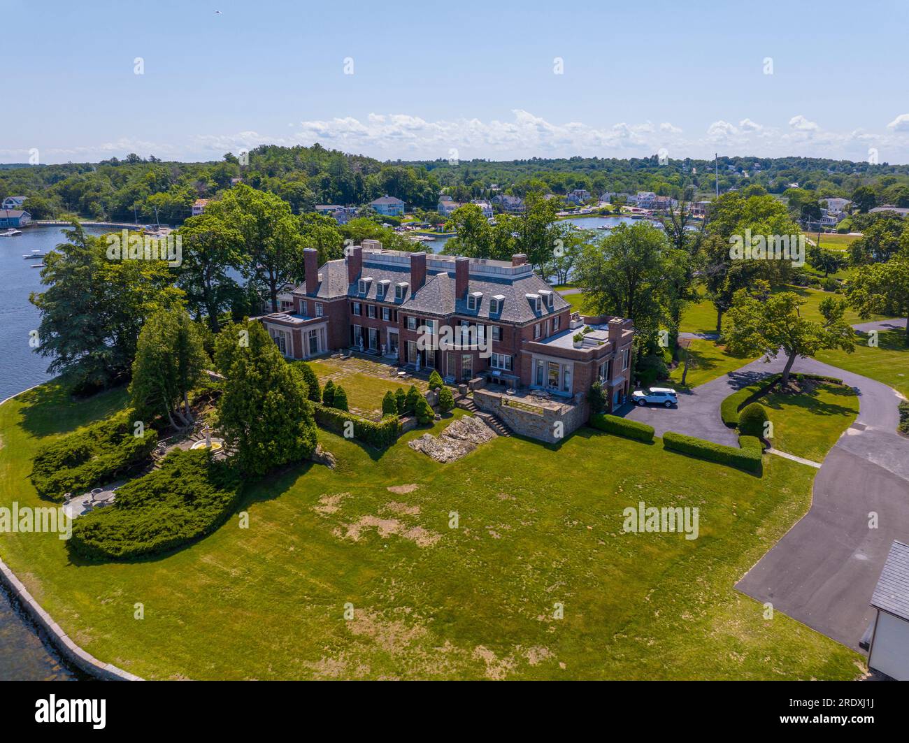 The Oaks historic waterfront mansion aerial view at 49 Margin Street at