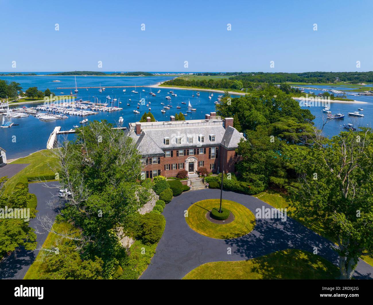 The Oaks historic waterfront mansion aerial view at 49 Margin Street at ...