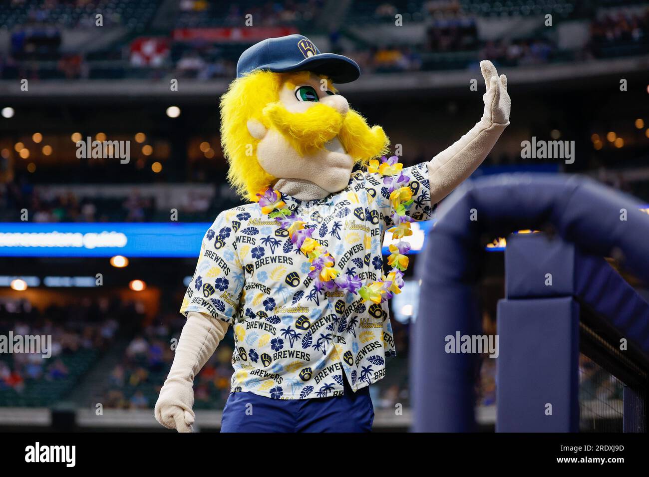 Milwaukee, WI, USA. 22nd July, 2023. Milwaukee Brewer Mascot Bernie Brewer  waving to the crowd before the game between the Milwaukee Brewers and the  Atlanta Braves at American Family Field in Milwaukee