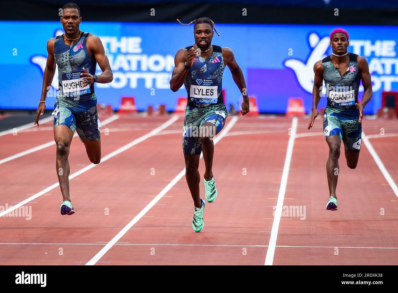 London, Britain. 23rd July, 2023. Noah Lyles (C) of the Unite States competes during the men's 200m final at the Diamond Leagues Athletics Meeting in London, Britain, July 23, 2023. Credit: Stephen Chung/Xinhua/Alamy Live News Stock Photo