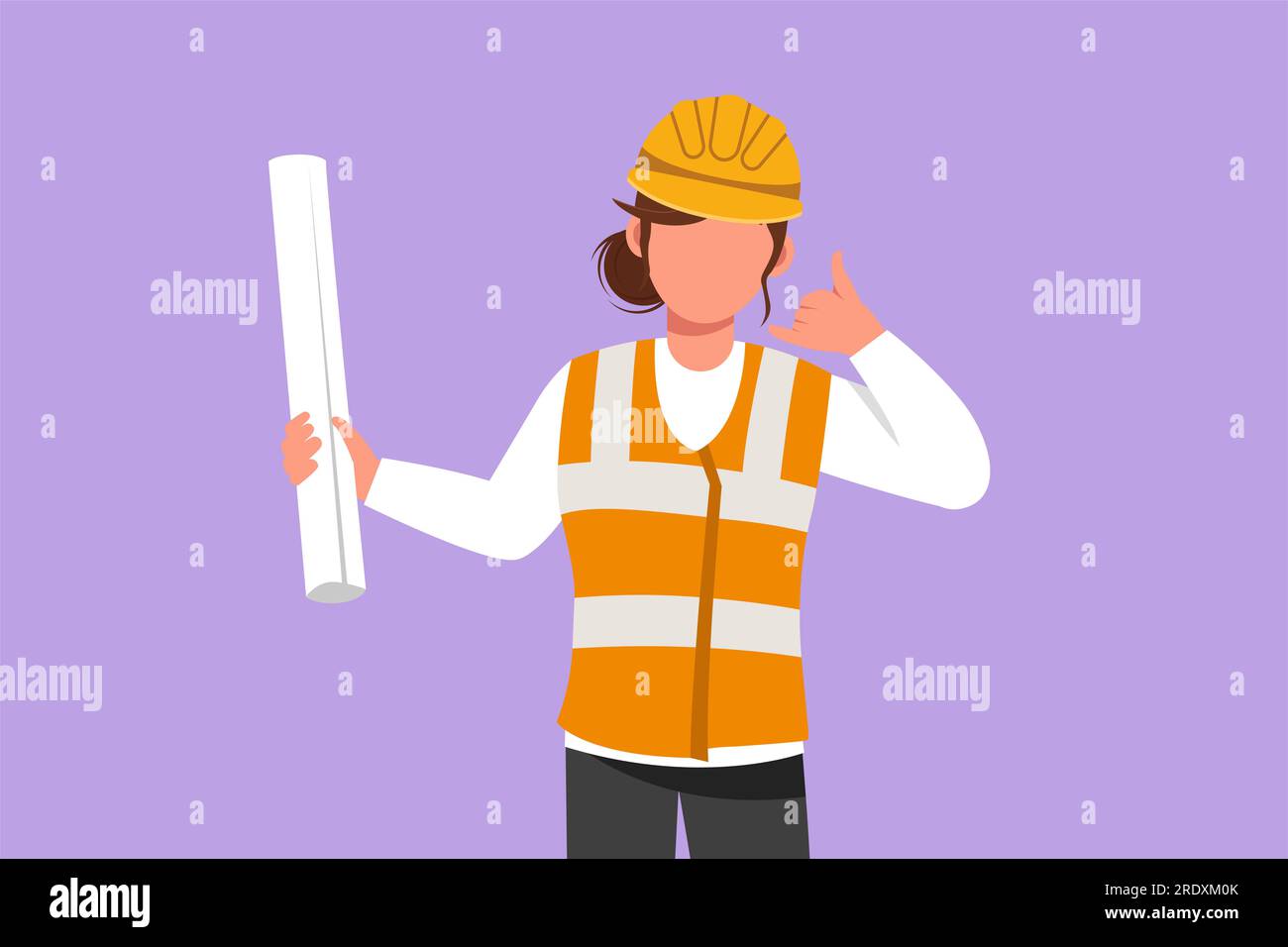 Character flat drawing female architect wearing vest and helmet with call me gesture, carrying blueprint paper for the building work plan. Builder on Stock Photo