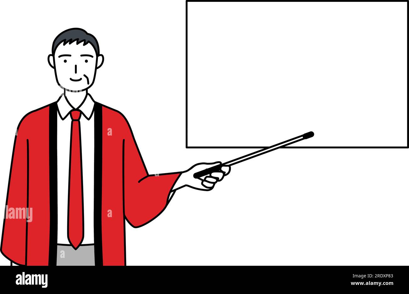 Senior man wearing a red happi coat pointing at a whiteboard with an ...
