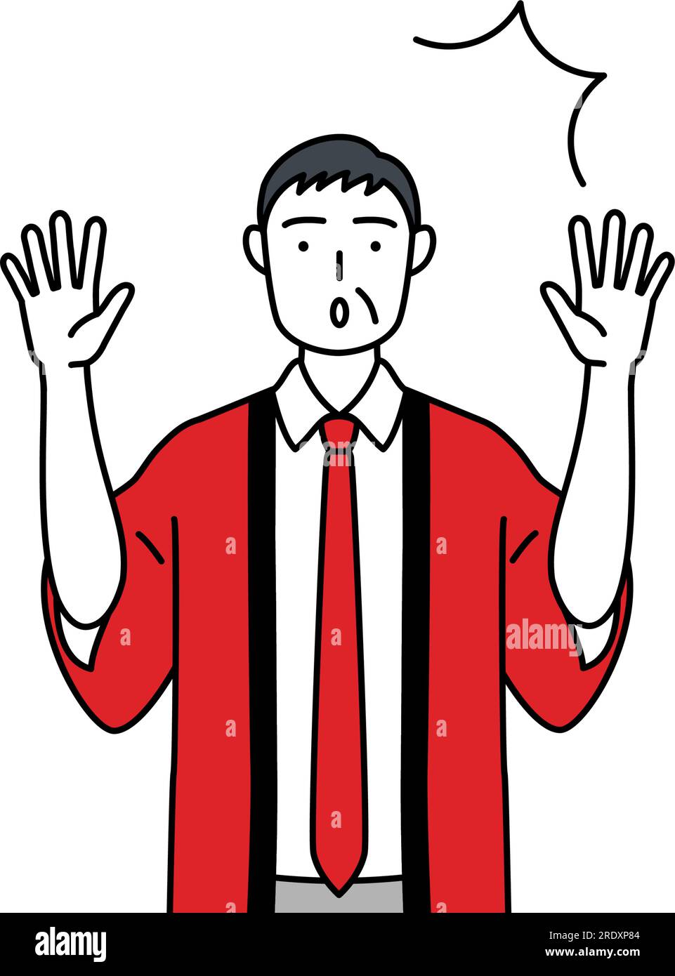 Senior man wearing a red happi coat raising his hand in surprise ...