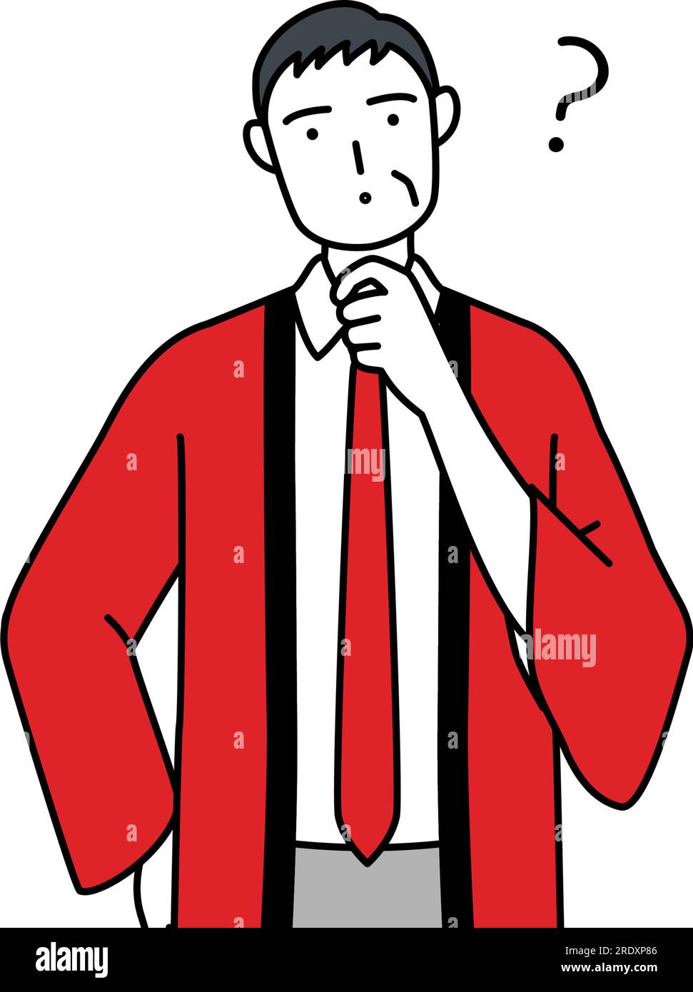 Senior man wearing a red happi coat nodding his head in question ...