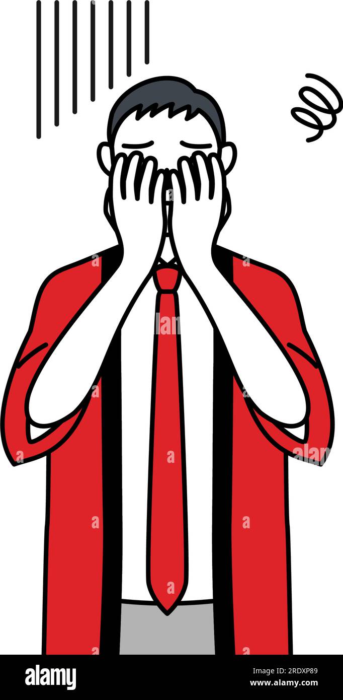 Senior man wearing a red happi coat covering his face in depression ...