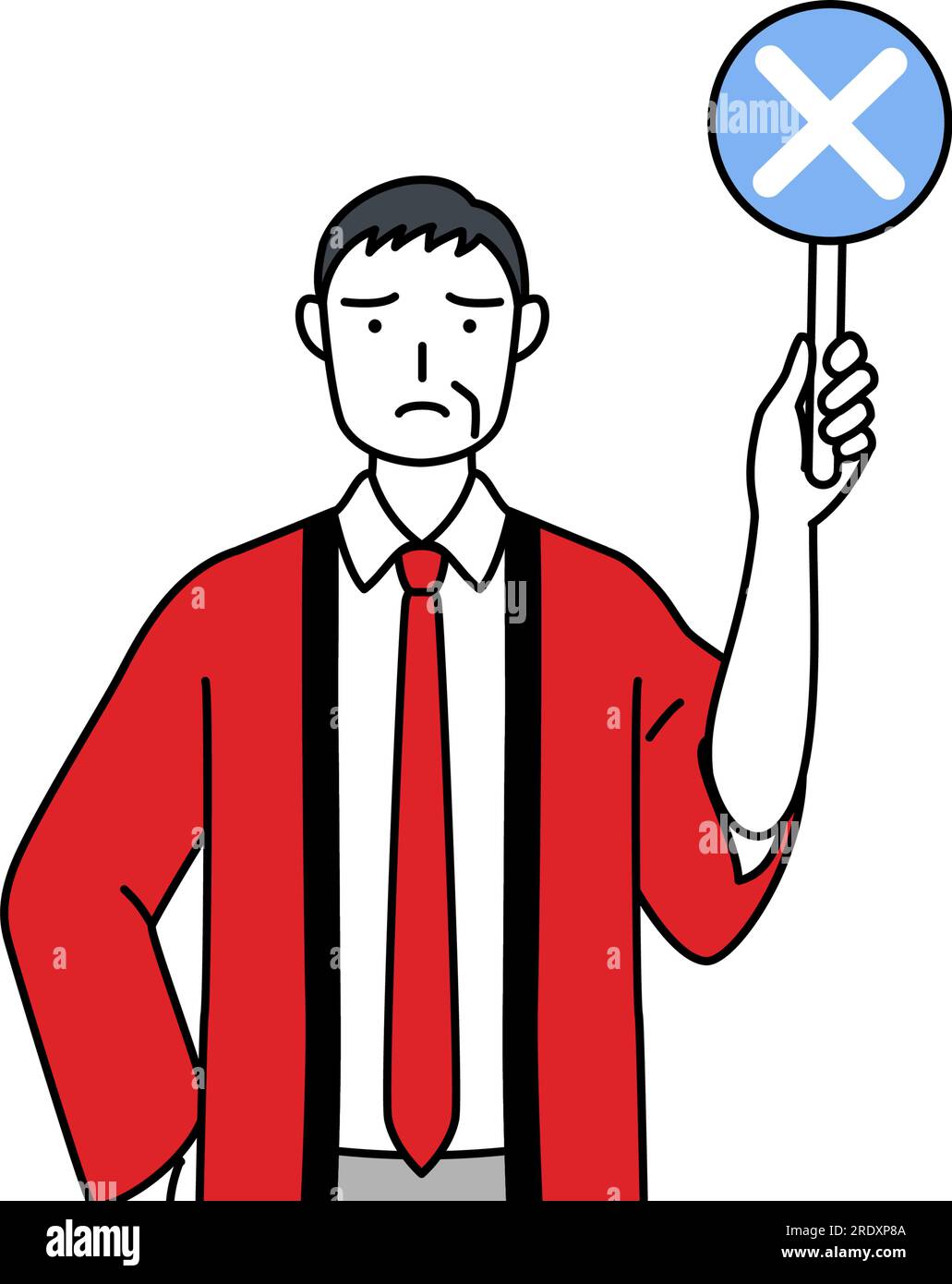 Senior man wearing a red happi coat holding a placard with an X indicating incorrect answer, Vector Illustration Stock Vector