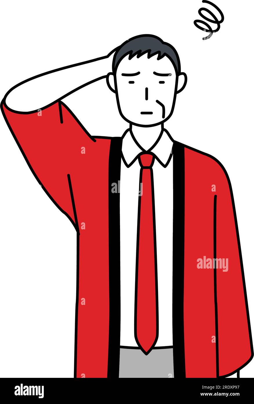 Senior man wearing a red happi coat scratching his head in distress ...