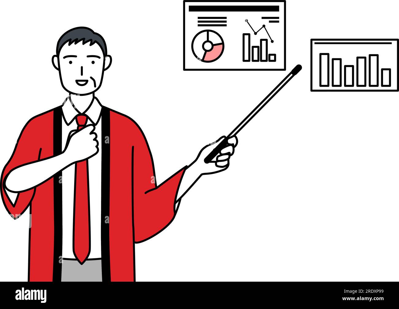 Senior man wearing a red happi coat analyzing a performance graph ...