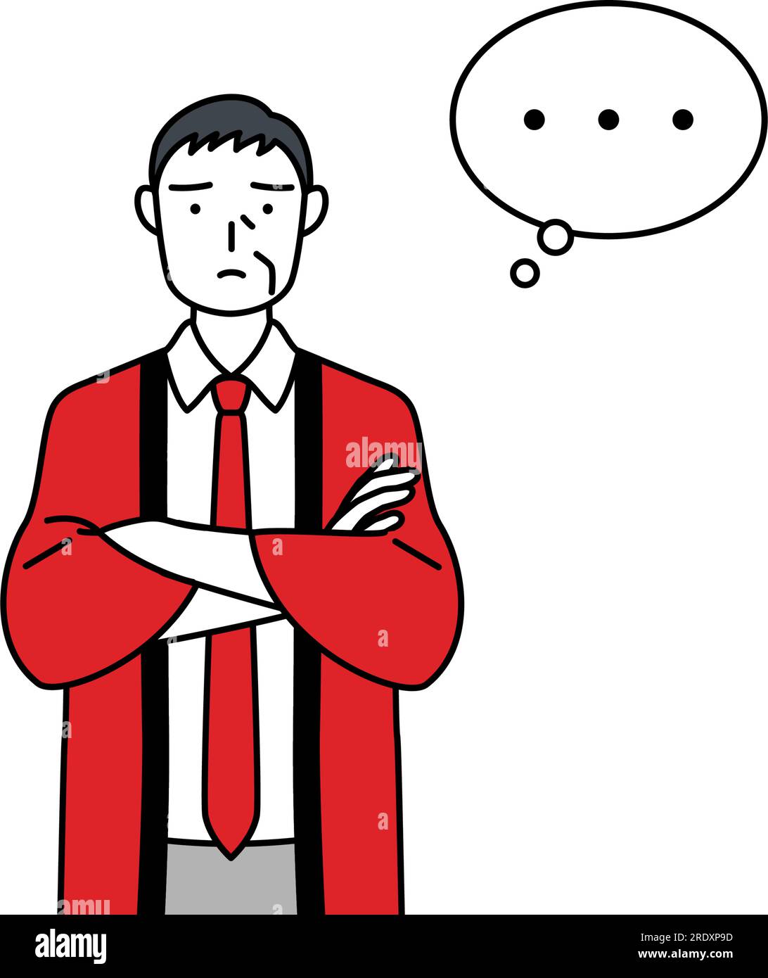 Senior man wearing a red happi coat with crossed arms, deep in thought ...