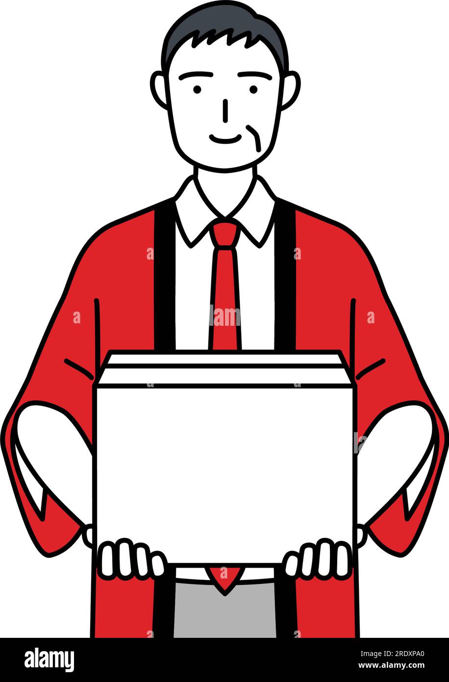 Senior man wearing a red happi coat working to carry cardboard boxes ...