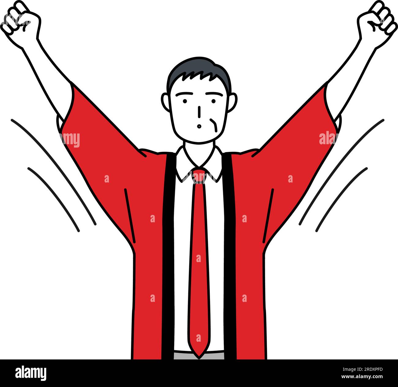 Senior man wearing a red happi coat doing radio calisthenics ...