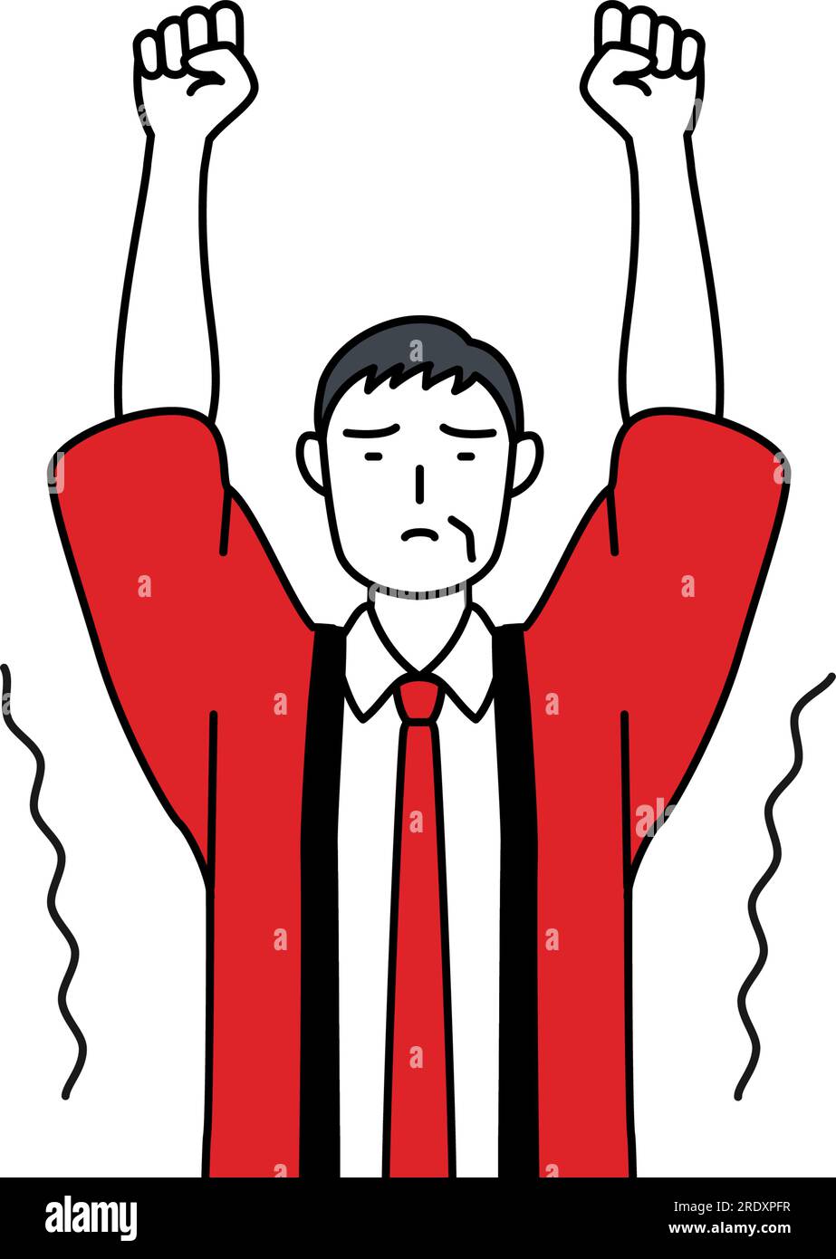 Senior man wearing a red happi coat stretching and standing tall ...