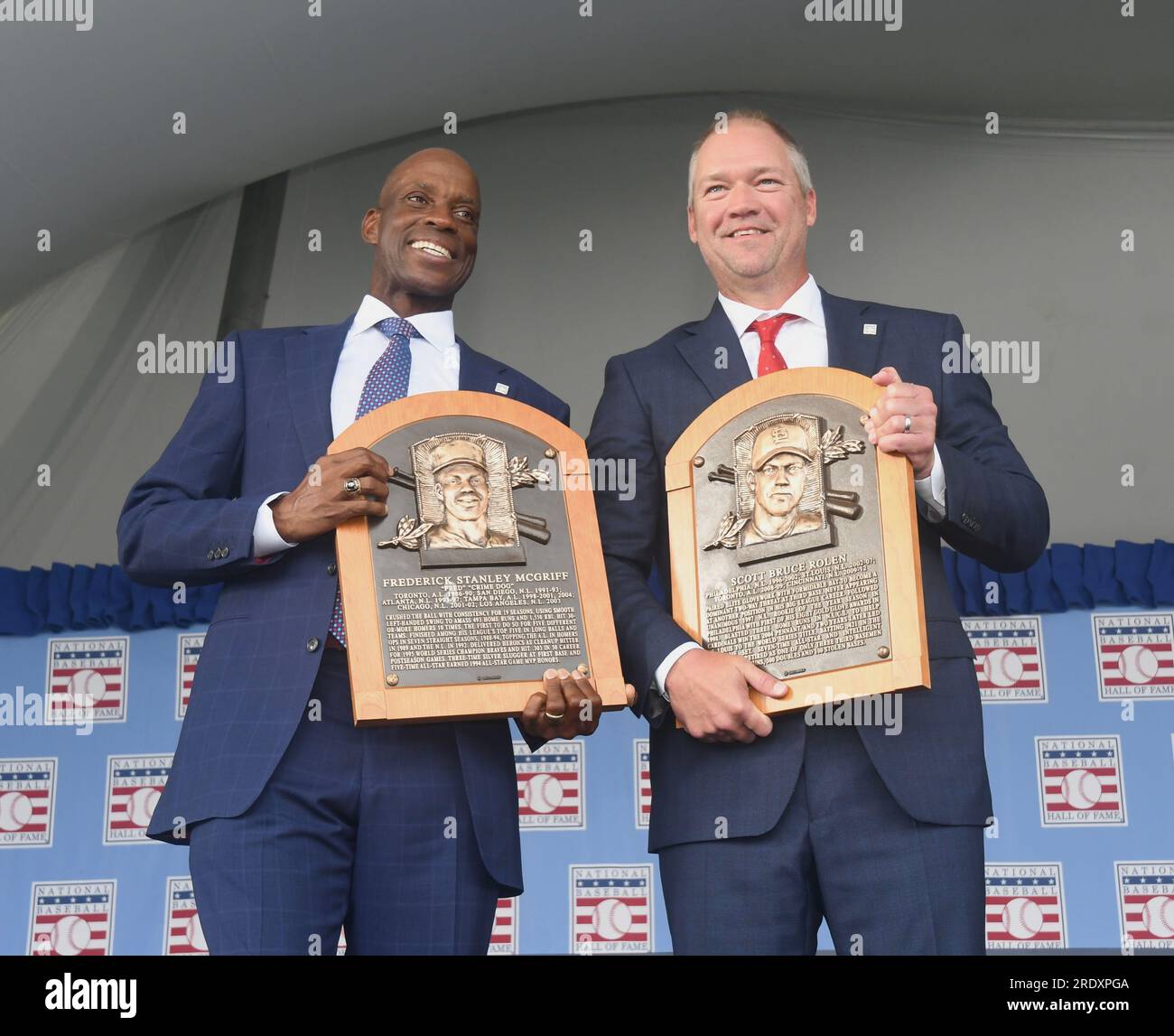 Cooperstown, United States. 23rd July, 2023. National Baseball Hall of Fame's newest members, Fred McGriff (L) and Scott Rolen, display their plaques at the Major League Baseball's Hall Of Fame induction Ceremony for 2023 inductees in Cooperstown, New York on Sunday, July 23, 2023. Scott Rolen and Fred McGriff were the two players inducted into the National Baseball Hall of Fame class of 2023. Photo by George Napolitano/UPI Credit: UPI/Alamy Live News Stock Photo