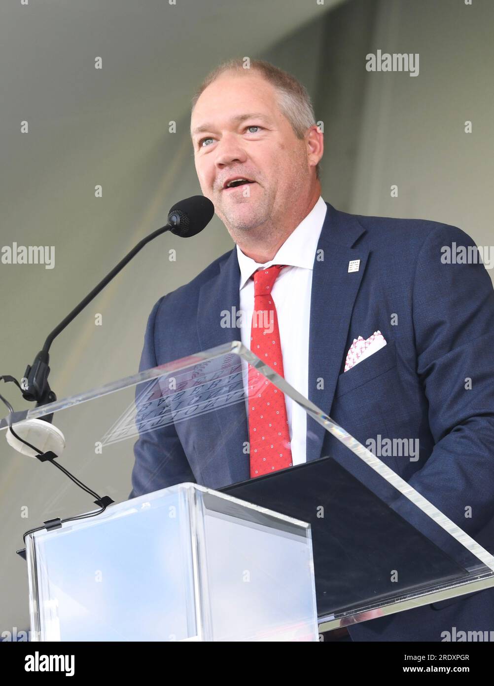 Cooperstown, United States. 23rd July, 2023. National Baseball Hall of Fame's newest member Scott Rolen speaks at the Major League Baseball's Hall Of Fame induction Ceremony for 2023 inductees in Cooperstown, New York on Sunday, July 23, 2023. Scott Rolen and Fred McGriff were the two players inducted into the National Baseball Hall of Fame class of 2023. Photo by George Napolitano/UPI Credit: UPI/Alamy Live News Stock Photo