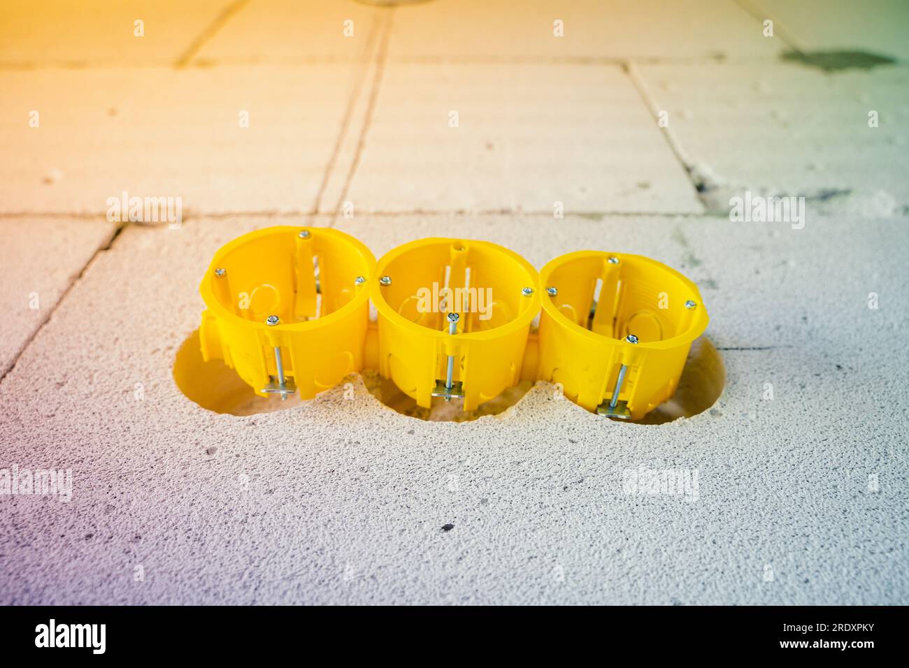 Installation box for round sockets in the wall, closeup. Installation
