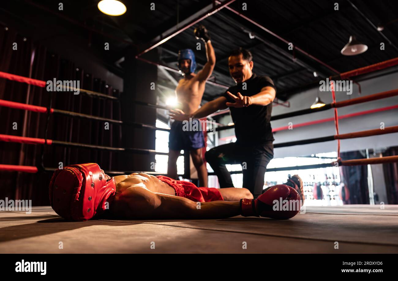 Boxing referee intervene, halting the fight to check fallen competitor