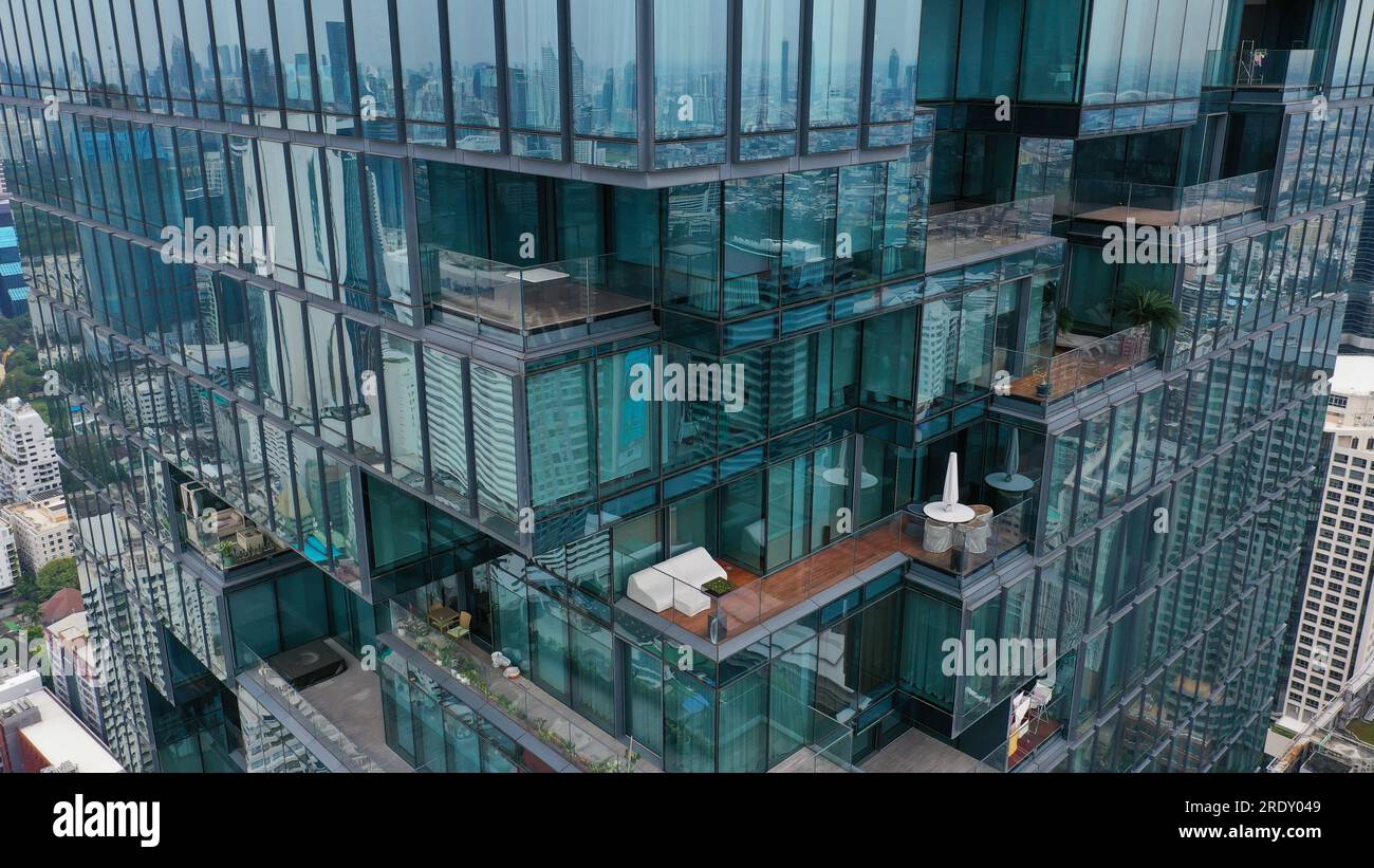 Close Up Of One Of The Tallest Tower In Bangkok Taken By Drone Stock 