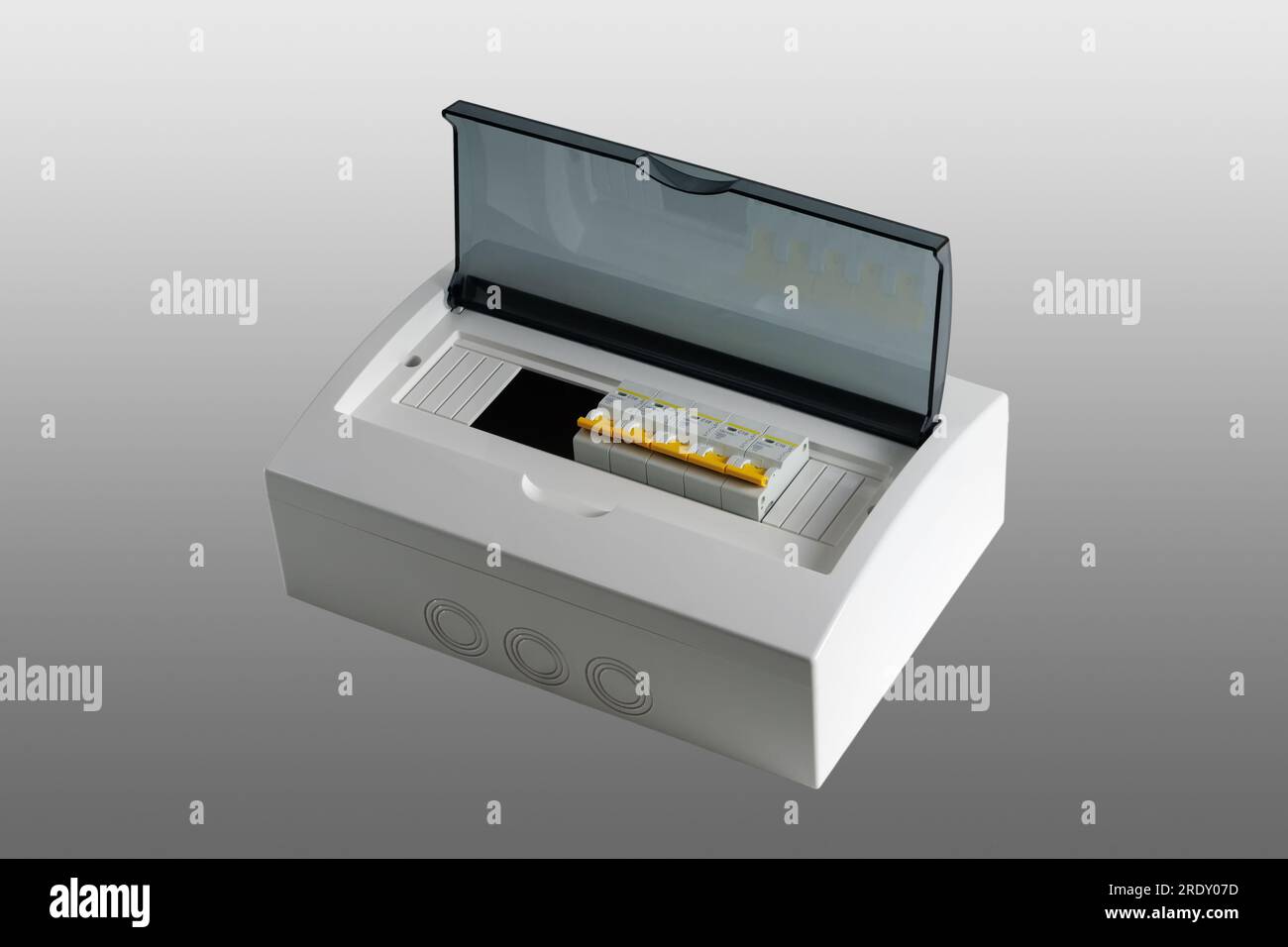 Plastic distribution board. Electrical board. Closeup. Isolated on