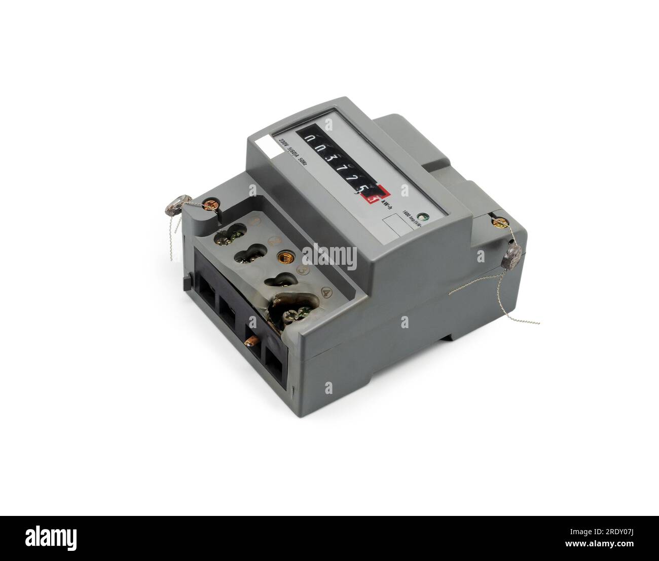 Damaged electricity meter. Melted terminal. Closeup. Isolated on white