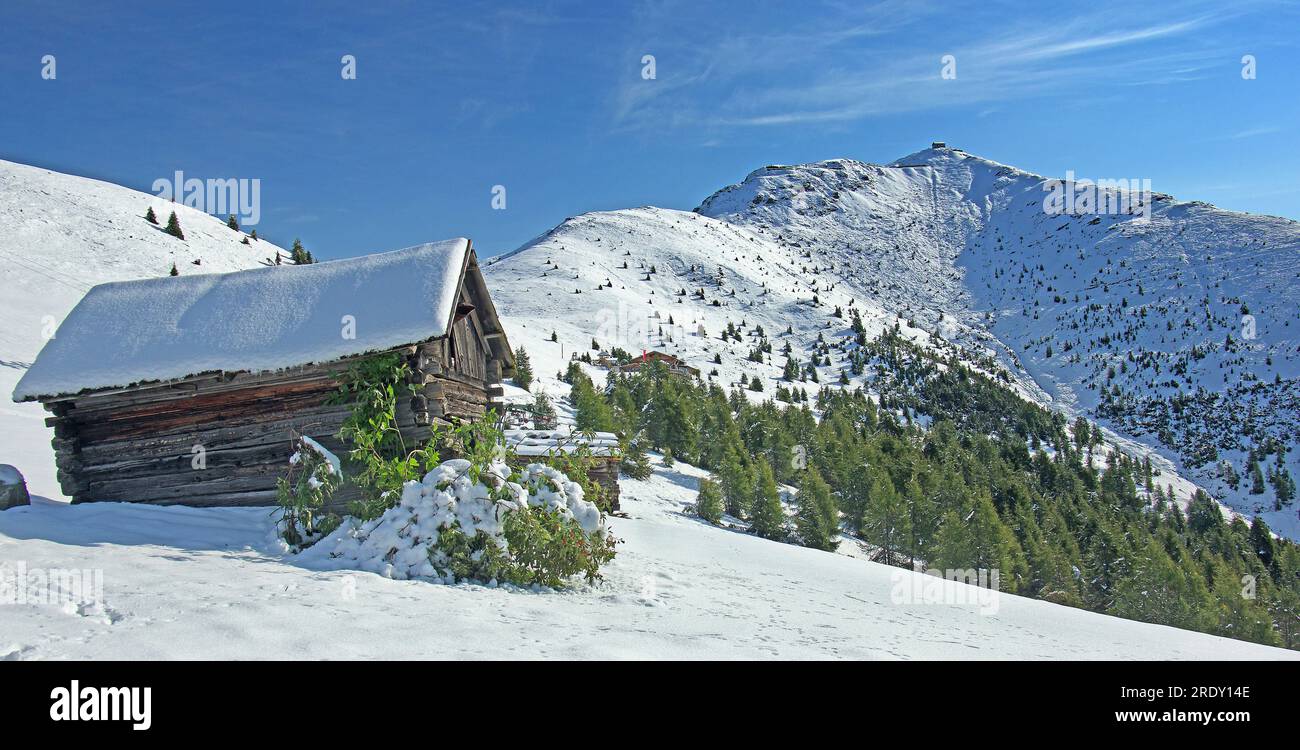 Sexten Dolomites: Helm, Monte Elmo, in first snow. Hahnspielhuette behind the forest. Alps, Italy Panoramic format 2:1 Stock Photo