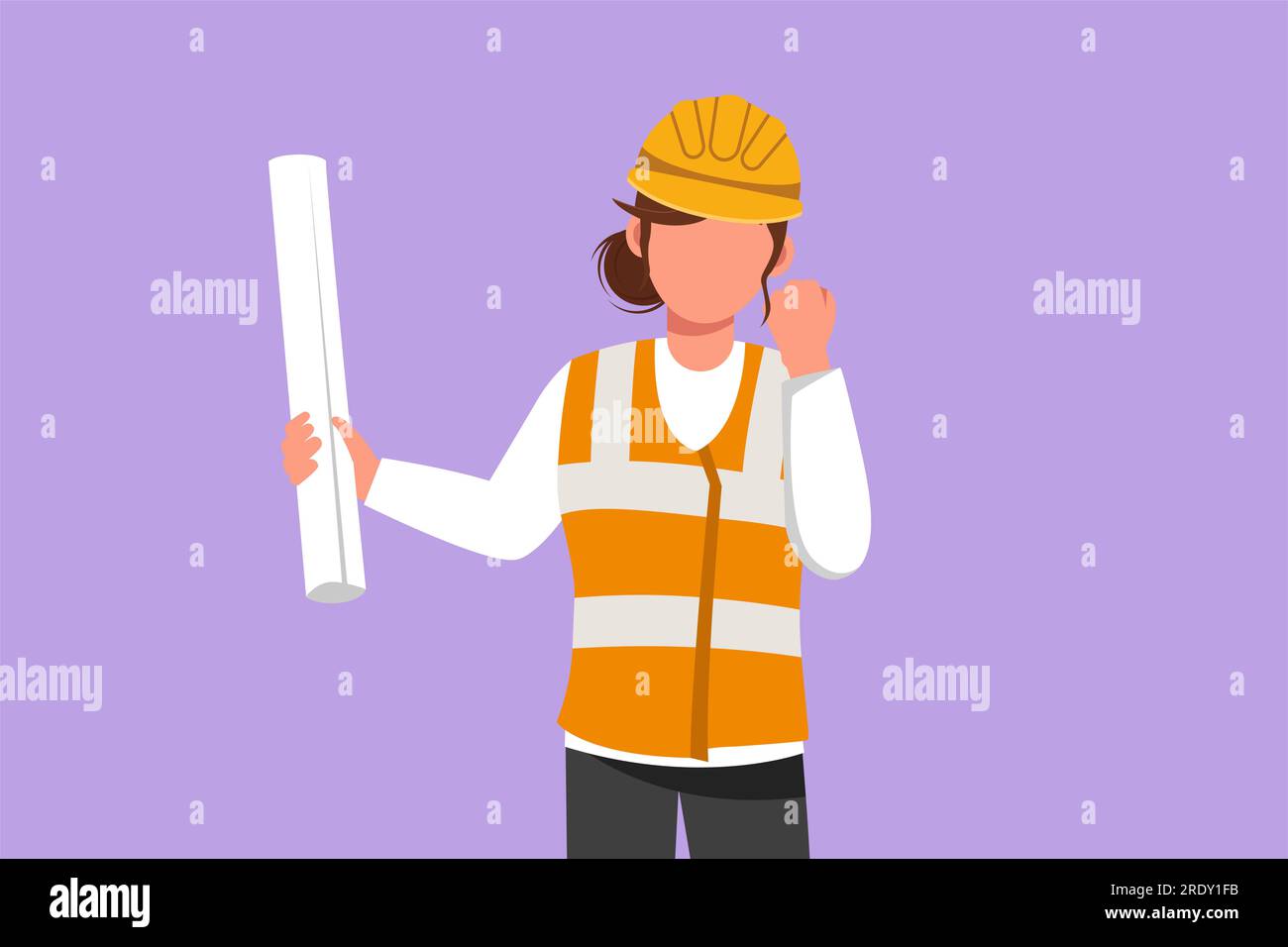 Character flat drawing female architect wearing vest and helmet with celebrate gesture, carrying blueprint paper for the building work plan. Builder o Stock Photo