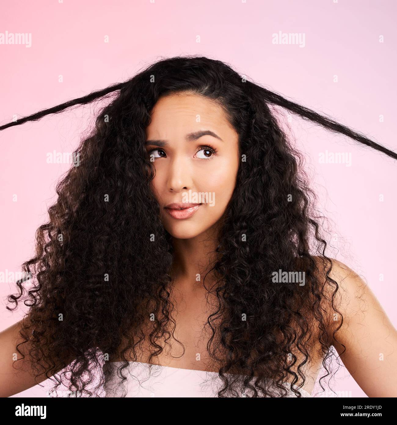 Hair damage, natural beauty and confused woman with growth treatment