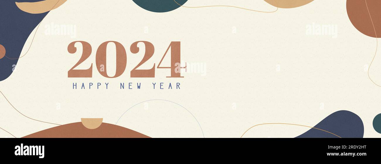 Boho abstract style Happy new year 2024 on abstract blue,yellow,dark green and orange color shape on cream contemporary bohemian Stock Photo