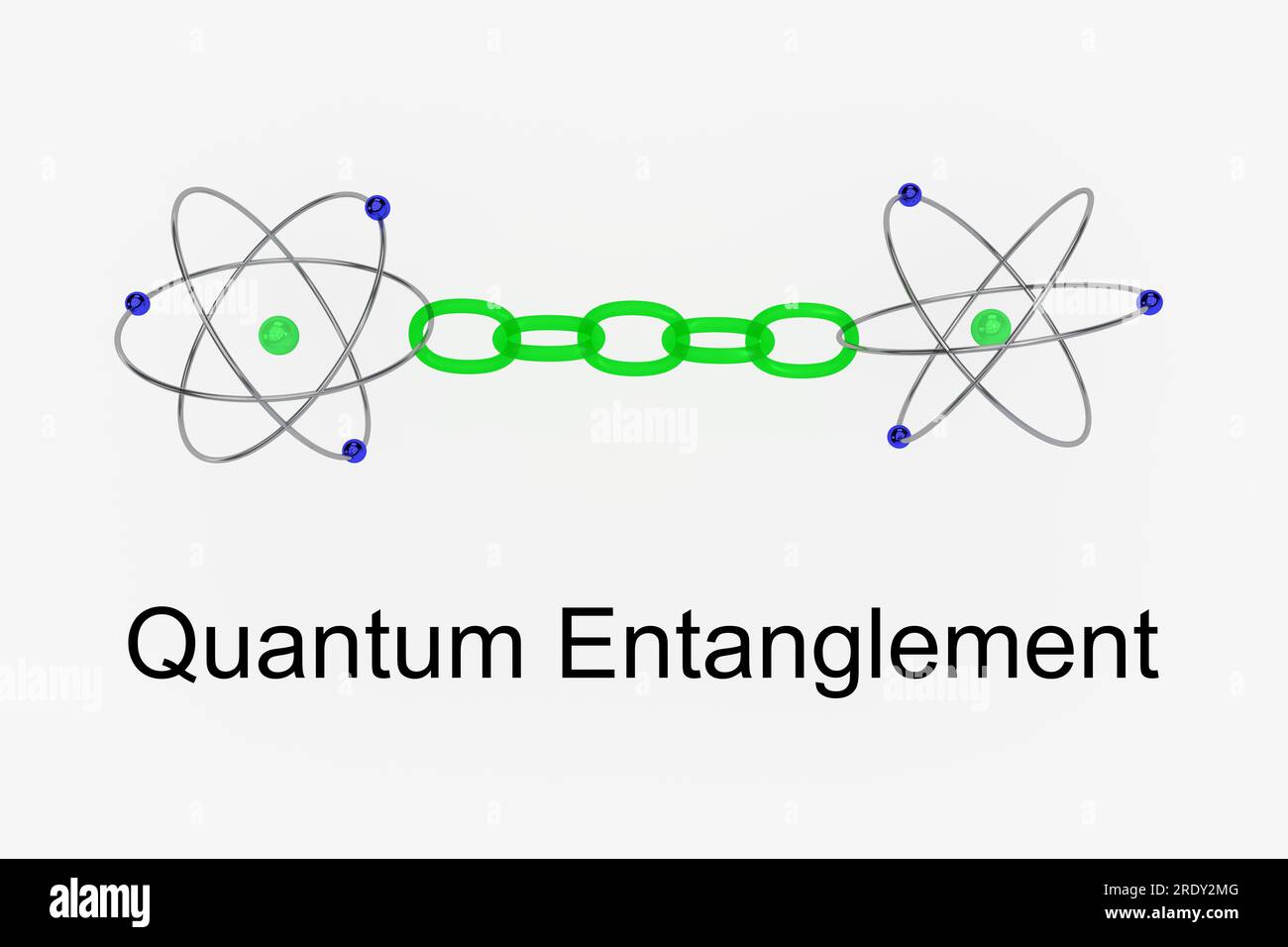 3D illustration of two atoms symbolicaly linked by a tranparent chain, titled as Quantum Entanglement. Stock Photo