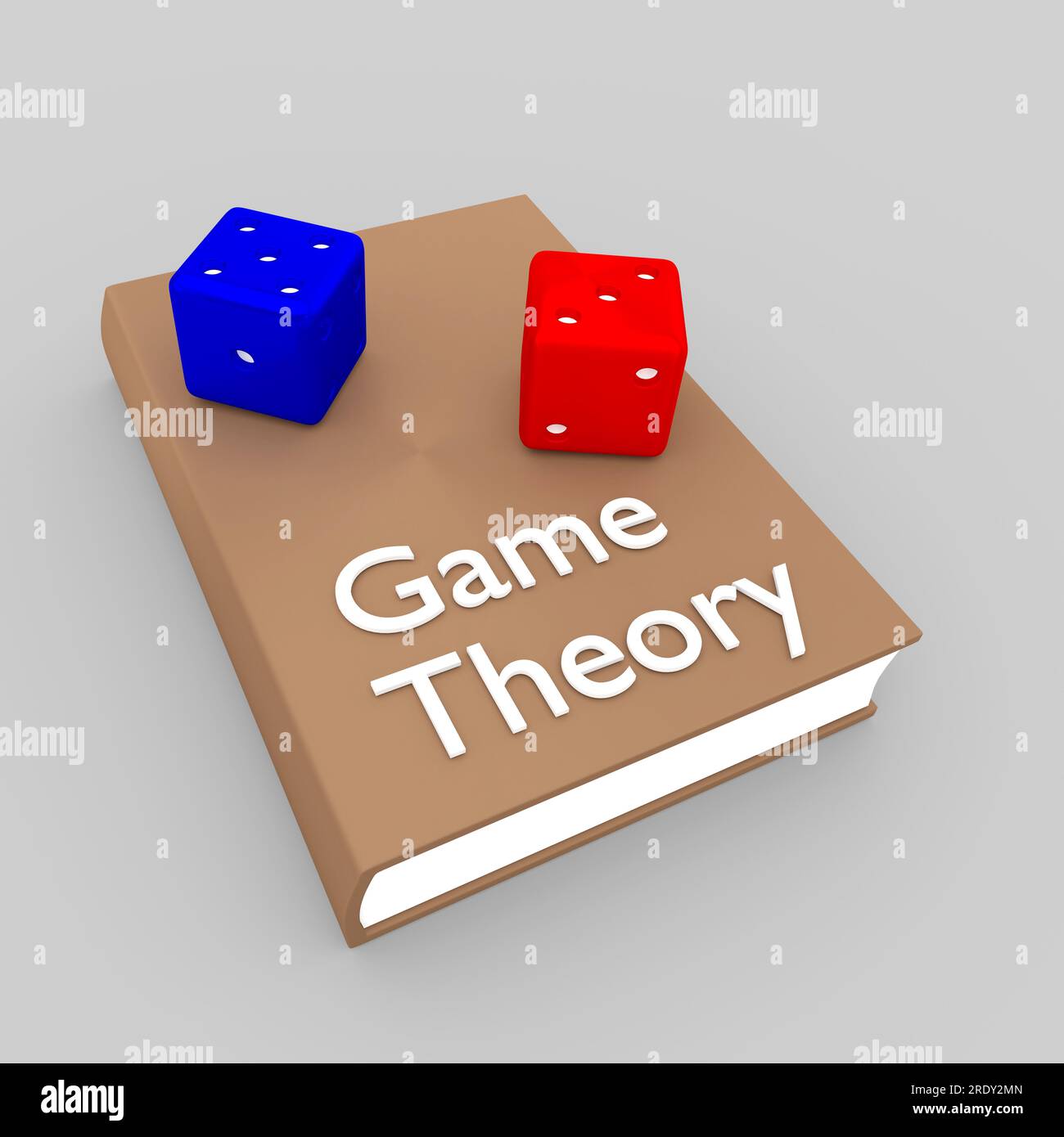 3D illustration of two dices on a book, titled as Game Theory. Stock Photo