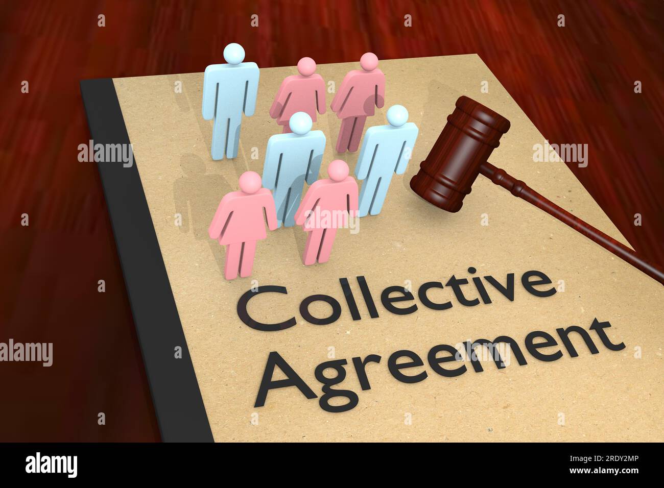 3D illustration of a judge gavel and Collective Agreement title on legal booklet, along with man and woman silhouettes. Stock Photo