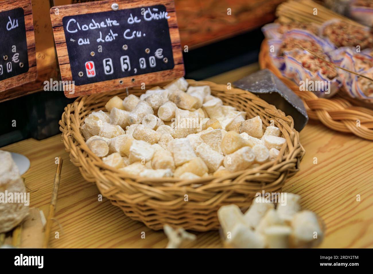 Bell shaped small goat cheese singles at an artisanal cheese shop in the  old town or Vieil Antibes, South of France Stock Photo - Alamy