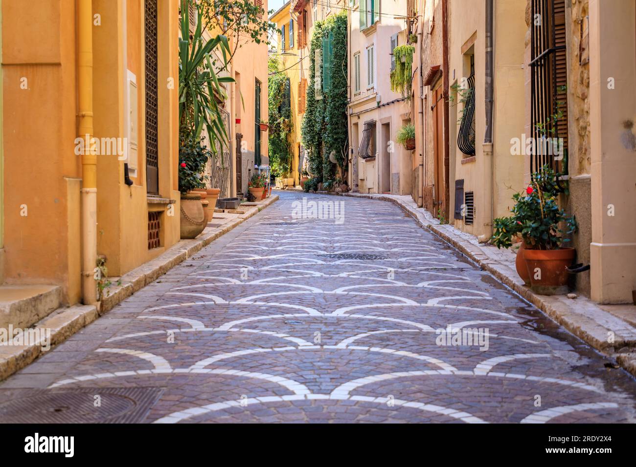Ornate mosaic street pavement between traditional old houses near the covered provencal farmers market in old town or Vieil Antibes, South of France Stock Photo