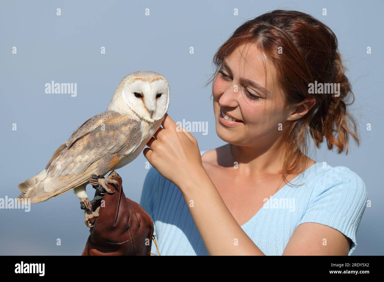 Happy woman caressing owl outdoors Stock Photo