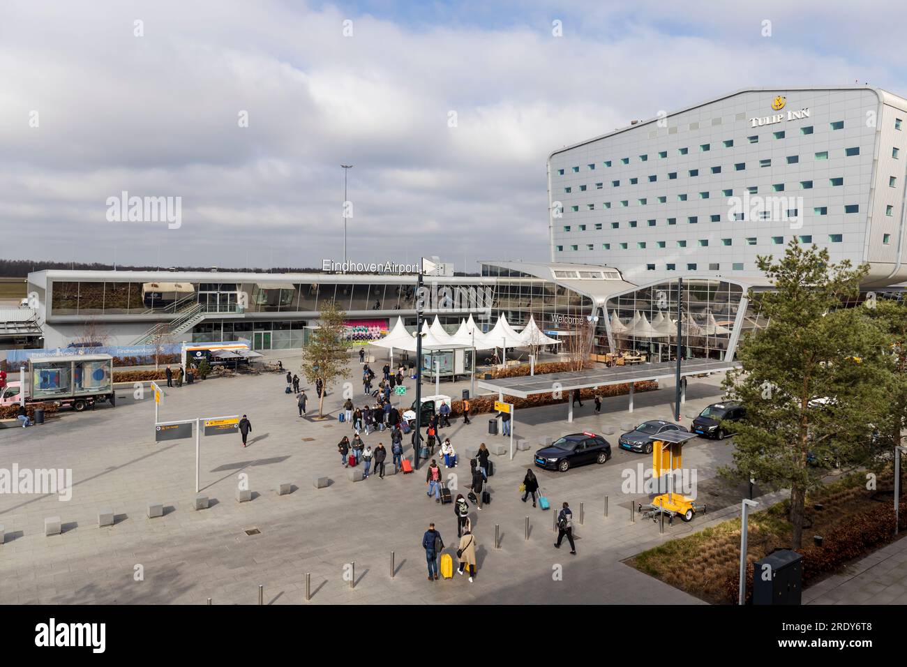 Eindhoeven, the Netherlands - 2023-03-03: Overview of Eindhoven airport terminal from outside Stock Photo