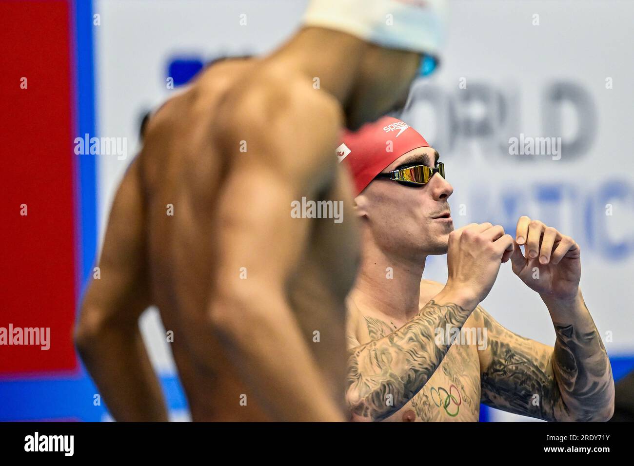 Fukuoka, Japan. 23rd July, 2023. Jacob Peters of Great Britain prepares to compete in the Men's Butterfly 50m Semifinal during the 20th World Aquatics Championships at the Marine Messe Hall A in Fukuoka (Japan), July 23rd, 2023. Credit: Insidefoto di andrea staccioli/Alamy Live News Stock Photo
