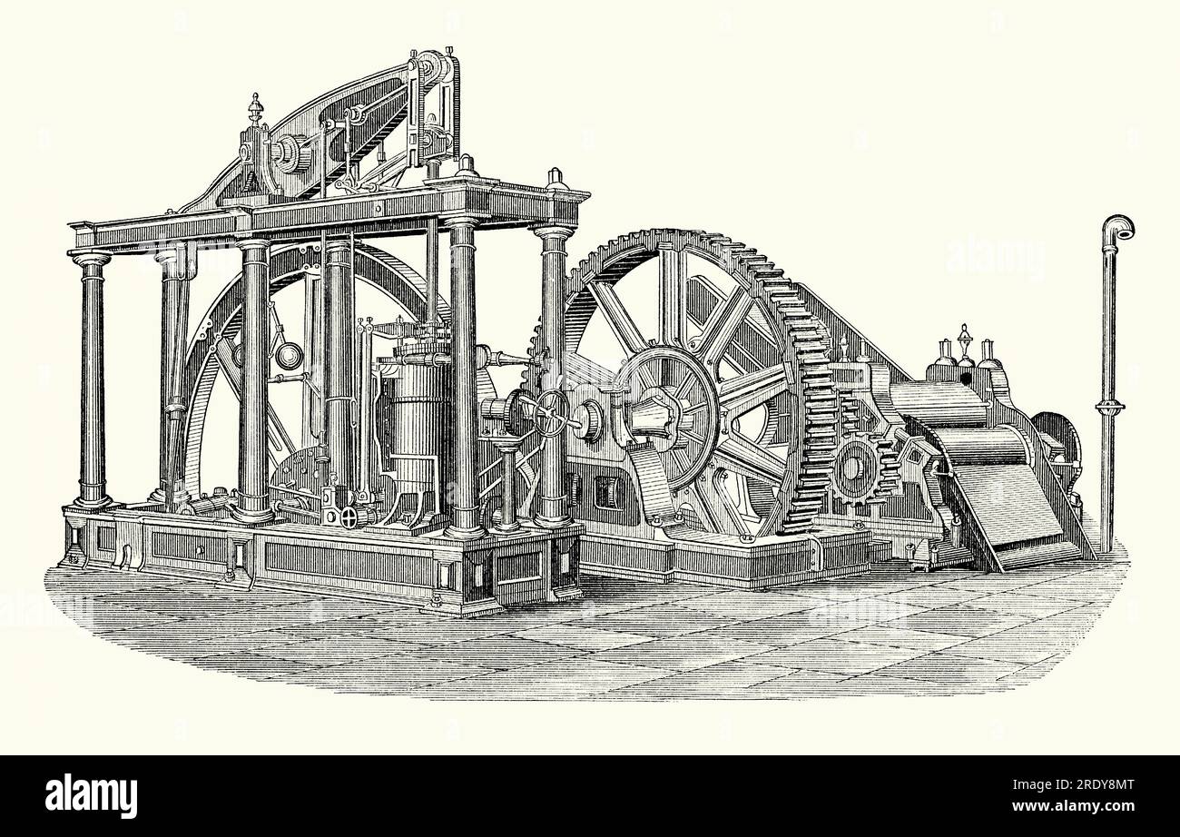 An old engraving of very large old sugar cane mill (press or crusher) of the 1800s. It is from a Victorian mechanical engineering book of the 1880s. Juice extraction by milling is the process of squeezing the juice from the cane under a set of mills using high pressure between heavy iron rollers (right). This press has its power supplied by a steam engine (left). Mills can have from 3 up to 6 sets of rolls (a set of mills is called a tandem mill or mill train). The juice is collected and sent for further processing. Stock Photo