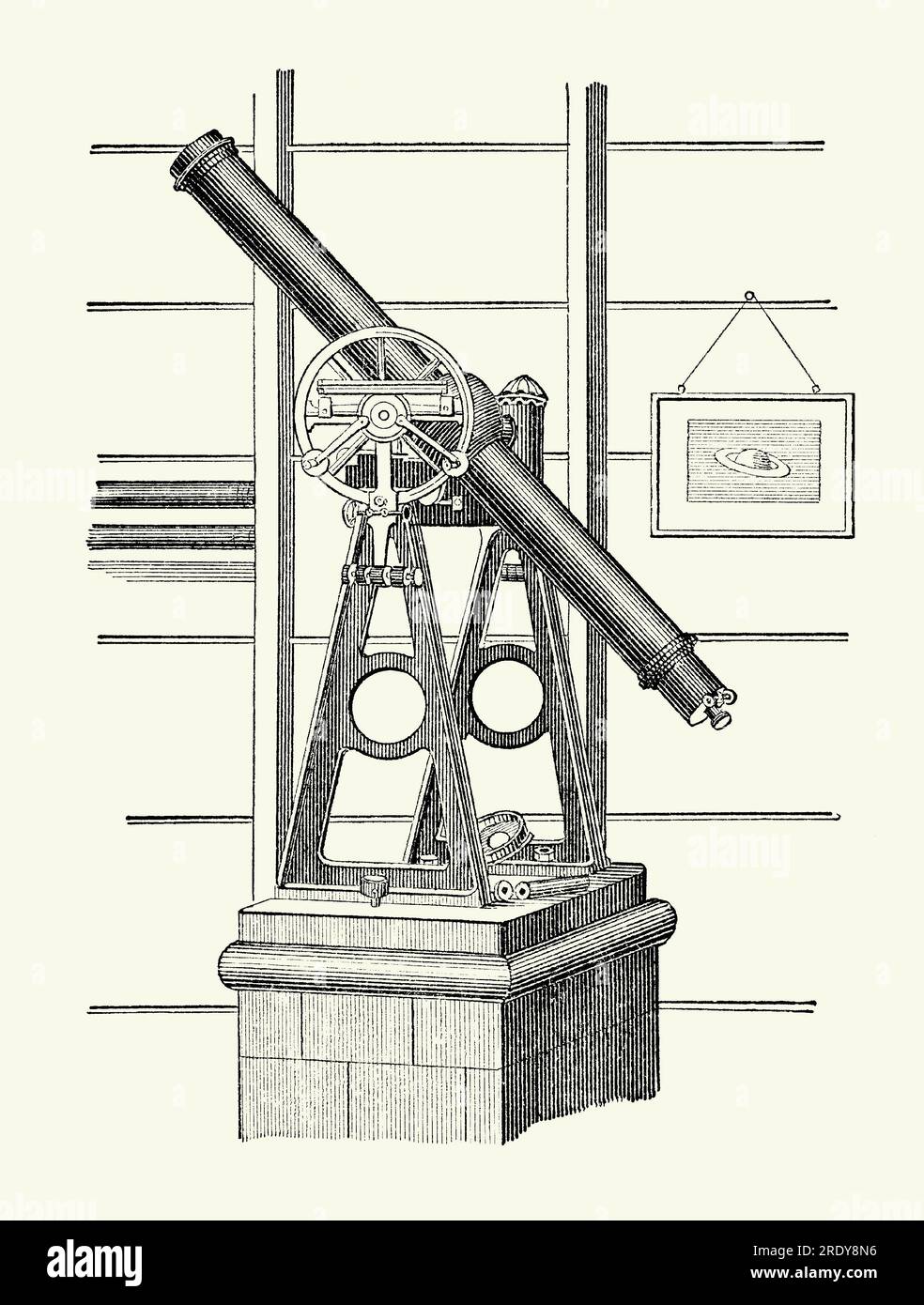 An old engraving of a Victorian ‘Transit Instrument’. It is from a mechanical engineering book of the 1880s. This transit instrument is a telescope pivoted on a stand moving in one plane. It is used to measure the positions of celestial objects as they transit a pre-defined point. This one was owned by the UK astronomer Frederick Brodie (1823–1896). Brodie, a Fellow of the Royal Astronomical Society, originally placed in an observatory in Uckfield, Sussex, England, UK. It was then transferred to his observatory at Fernhill, Isle of Wight. Brodie mainly observed sun spots and star clusters. Stock Photo