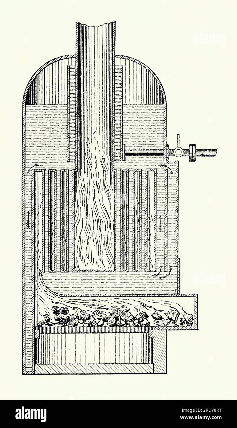 An old engraving of a tubular (tubulous or sectional pipe) boiler made by David Napier in Scotland in the early 1880s. It is from a Victorian mechanical engineering book of the 1880s. This type of boiler was the ‘haystack’ type, first adapted to marine requirements by Napier in 1842. Napier’s boilers were fitted in a number of early Clyde steamers and were extensively used in small steamships. David Napier (1790–1869) was a Scottish marine engineer. Napier took over the family foundry and established a reputation as one of the best builders of marine engines in Scotland. Stock Photo