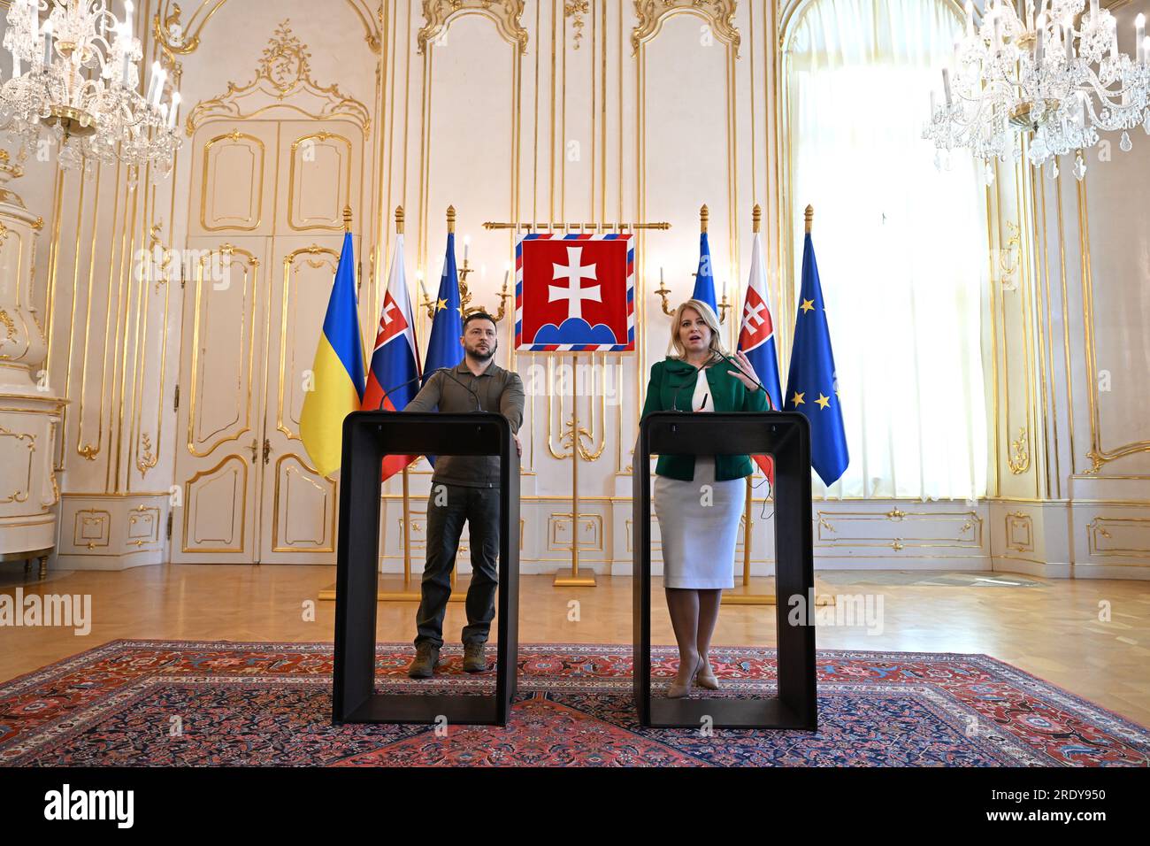 ***FILE PHOTO***  Slovak President Zuzana Caputova, right, and Ukrainian President Volodymyr Zelenskiy, left, give the press conference after their me Stock Photo