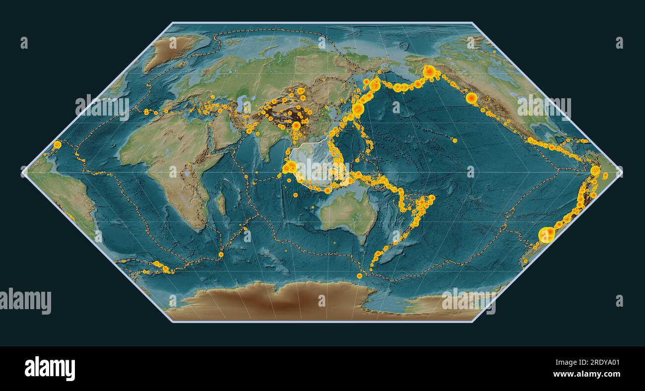 sunda tectonic plate on the wiki style elevation map in the eckert i projection centered meridionally locations of earthquakes above 65 magnitude re 2RDYA01
