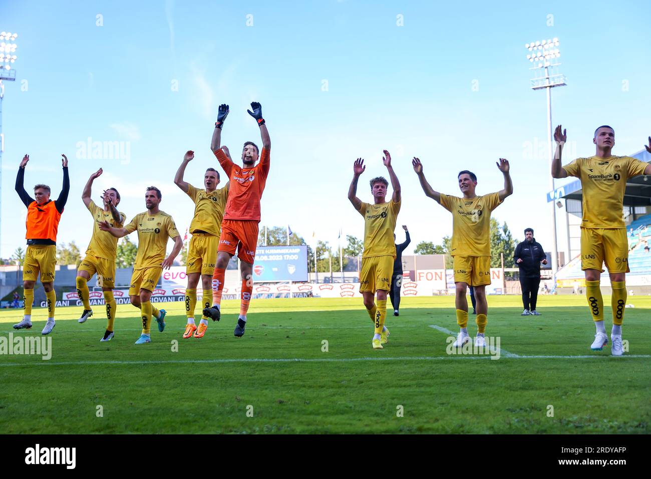 Sandefjord, Norway, 23rd July 2023. Bodø/Glimt's players celebrate after their 2-5 win in the match between Sandefjord and Bodø/Glimt at Release Arena in Sandefjord.   Credit: Frode Arnesen/Alamy Live News Stock Photo