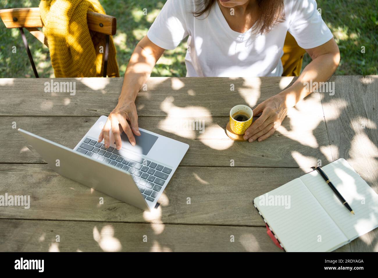 Female freelancer working on laptop at table Stock Photo