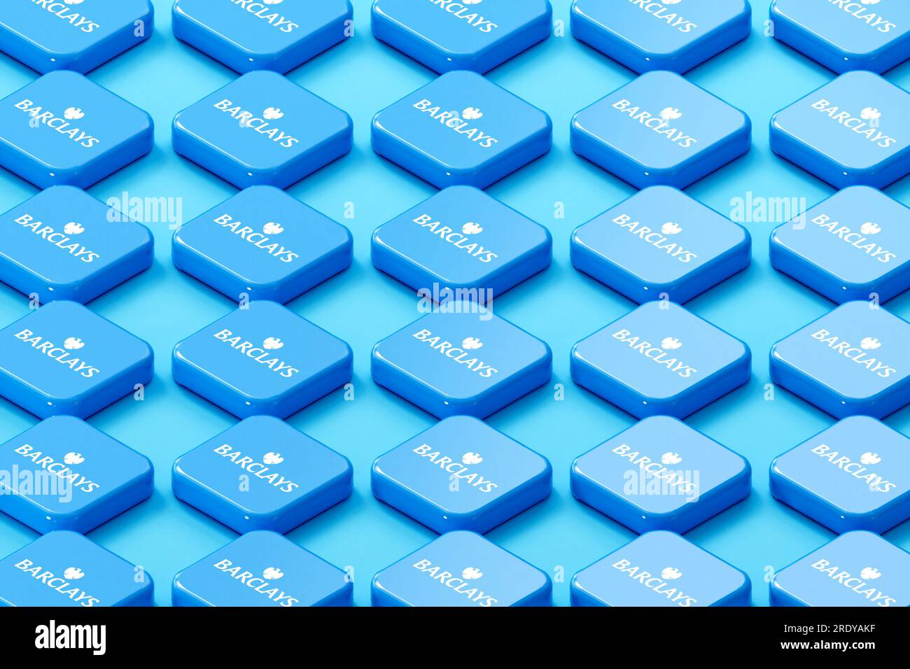 LONDON, UK - July 2023: Barclays bank blue and white company logo. 3D